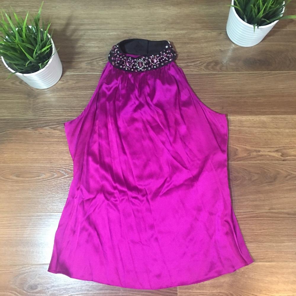 Caché Purple jewelled halter sleeveless silk top